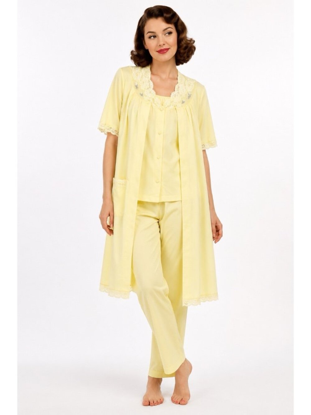 vintage 60s 70s SHADOWLINE 3 piece pajama set LARGE robe top pants yellow lace